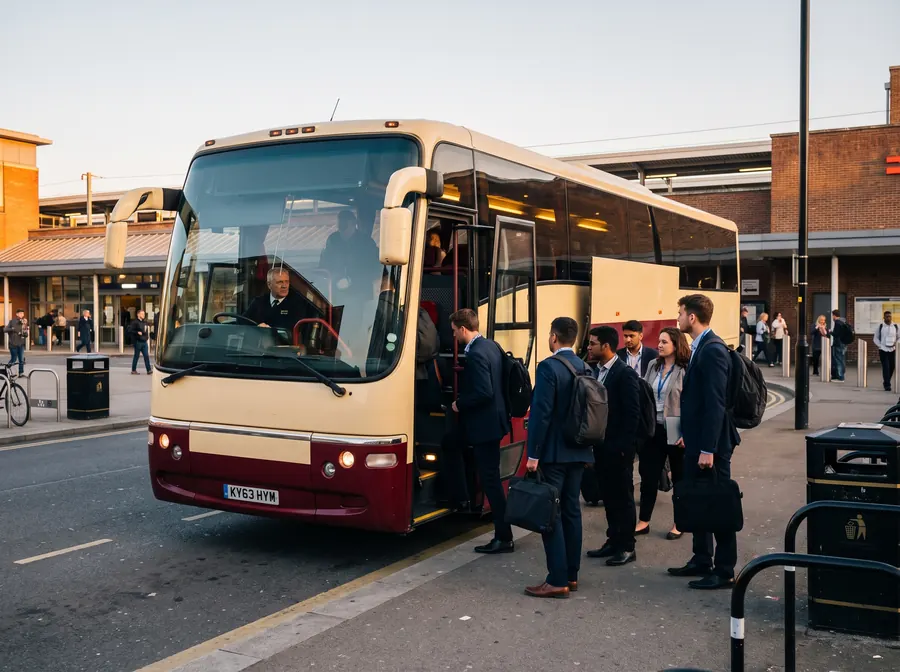 A cream and burgundy coach at the kerb on the forecourt outside Twickenham railway station in low golden late-afternoon sun, a corporate group with lanyards and laptop bags boarding through the open door