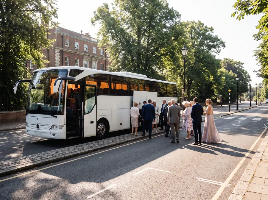 A white coach parked on the riverside road beside York House Gardens in Twickenham on a bright summer morning, a wedding party in hats and formal dress boarding, mature trees and a Georgian house behind