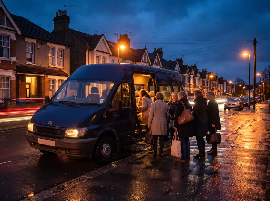 A dark navy 16-seat minibus at the kerb on a residential street of Victorian and 1930s terraced houses near Twickenham Green at night, a group of women boarding, wet tarmac reflecting orange streetlights